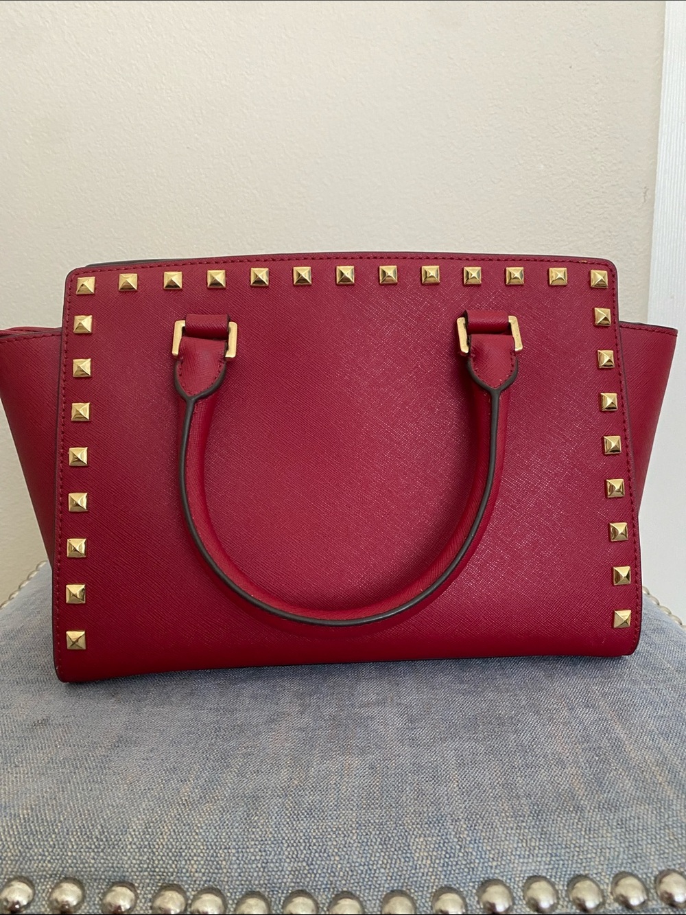 Michael Kors Burgundy Studded Satchel with Gold Hardware, EUC - Picture 3 of 5